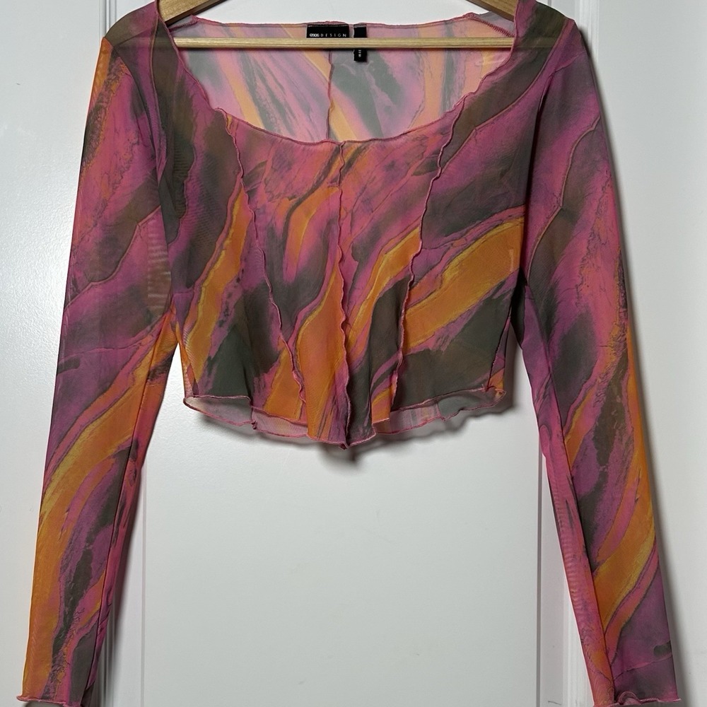 ASOS Design Marble Swirl Print Mesh‎ Long Sleeve Crop Top Y2K Psychedelic Style